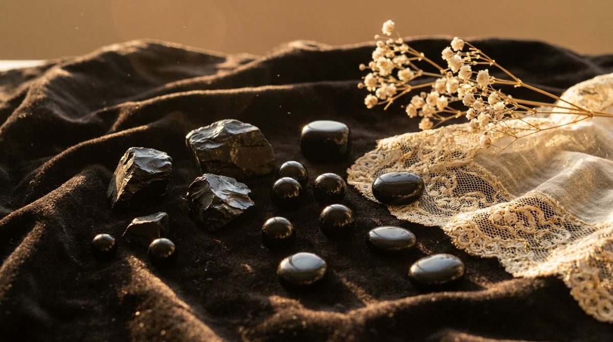 Raw and polished jet gemstone fragments, deep glossy black, on dark velvet beside a Victorian lace mourning handkerchief and dried baby's breath flowers