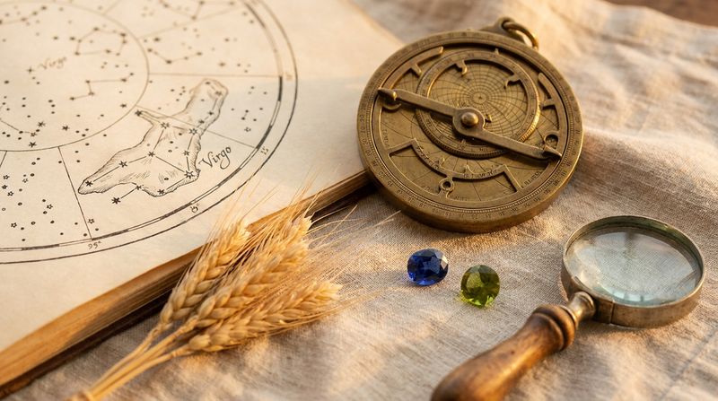 An antique brass astrolabe beside a hand-drawn star chart open to the Virgo constellation, with a dried wheat sheaf and a loose faceted sapphire and a loose faceted peridot gemstone and a vintage magnifying glass on natural linen, symbolizing the maiden zodiac sign and its calendar birthstones