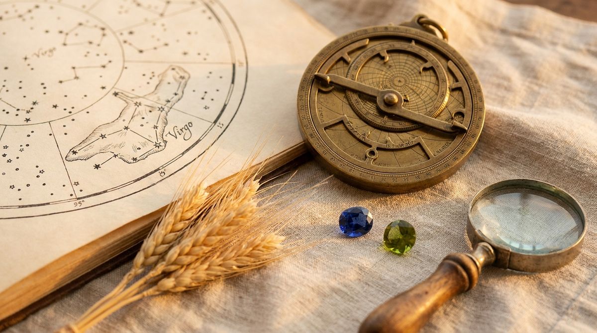 An antique brass astrolabe beside a hand-drawn star chart open to the Virgo constellation, with a dried wheat sheaf and a loose faceted sapphire and a loose faceted peridot gemstone and a vintage magnifying glass on natural linen, symbolizing the maiden zodiac sign and its calendar birthstones