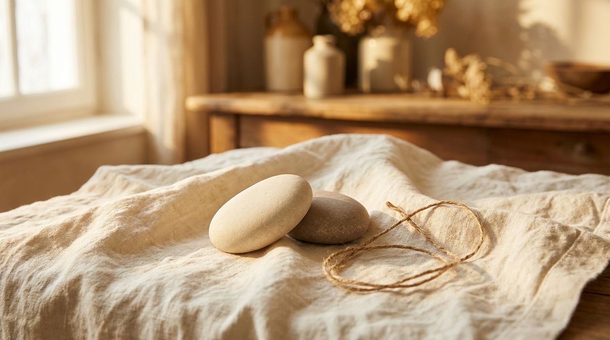 Two smooth complementary river pebbles, one light and one darker, resting together on warm linen with a loop of natural twine