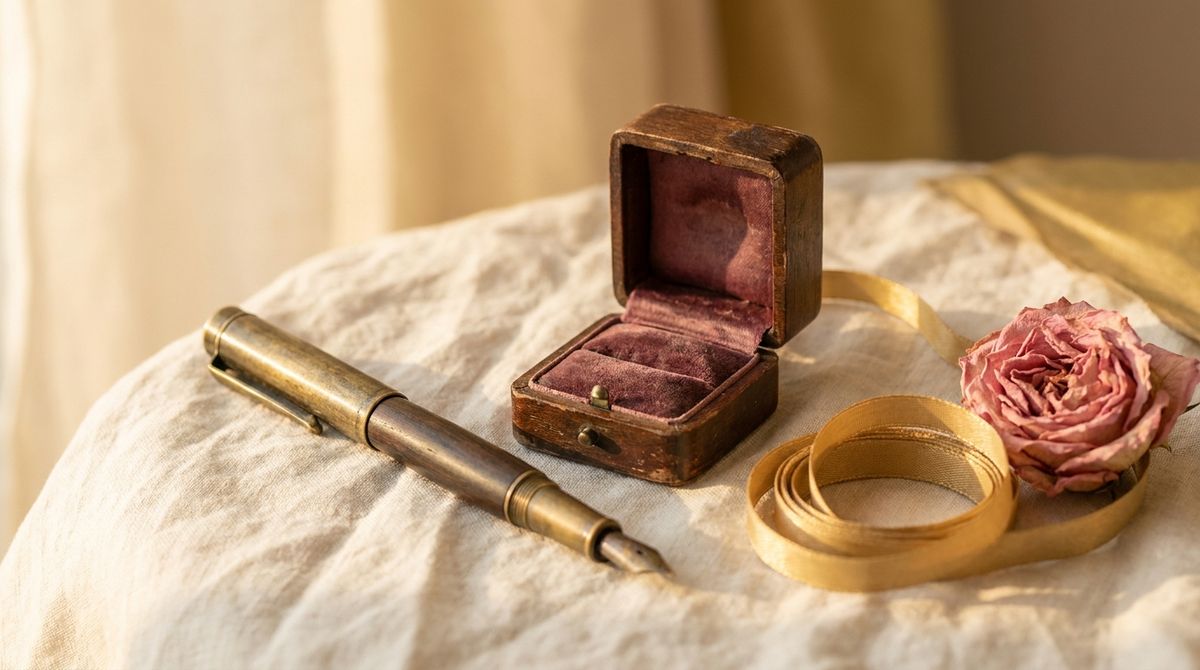 Antique brass fountain pen beside an open empty velvet ring box, a coil of gold ribbon, and a pressed pink rose on cream linen in warm golden-hour light