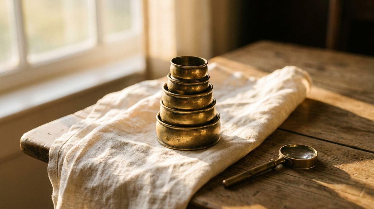 Stack of graduated antique brass rings on linen beside a jeweler's loupe, symbolizing a layered ring stack