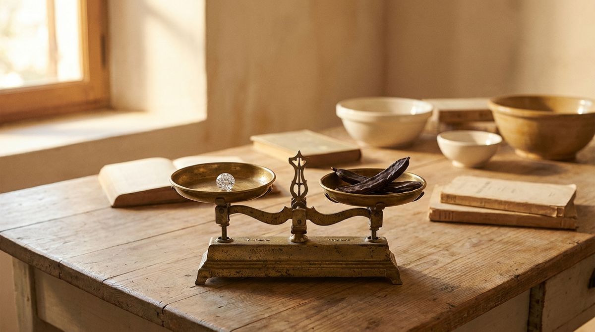 Antique brass balance scale weighing a loose round diamond against dried carob seeds, referencing the historic origin of the carat