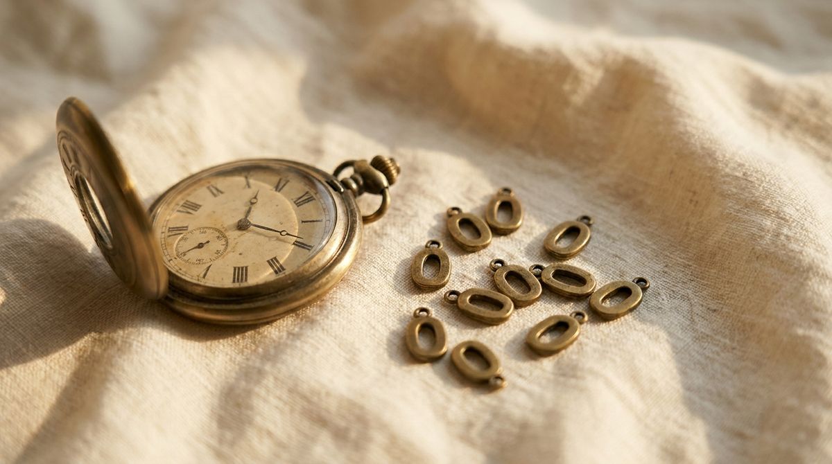 Antique brass pocket watch beside a scattered pile of loose brass numeral-0 charms on linen, evoking the 000 angel number