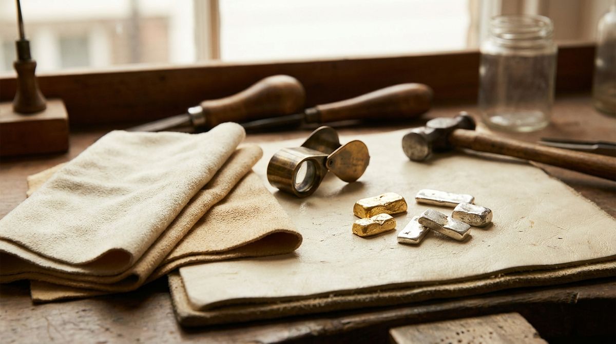 A jeweler's workbench with polishing cloths, a brass loupe and gold and silver metal in warm workshop light