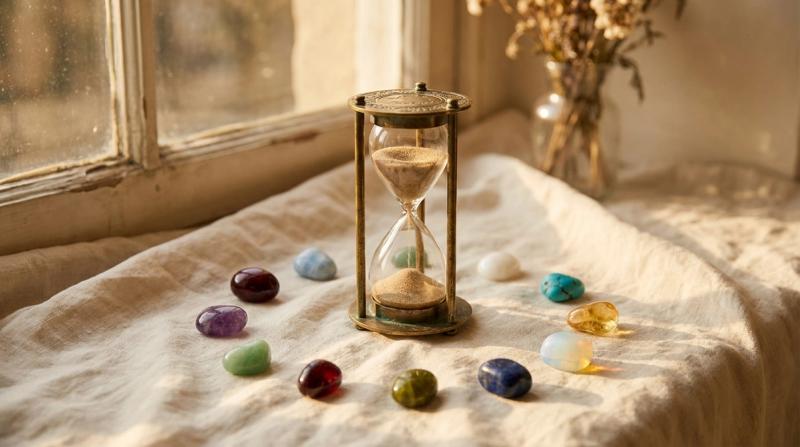 Antique brass hourglass surrounded by a dozen loose polished gemstones in different colors on cream linen in warm window light