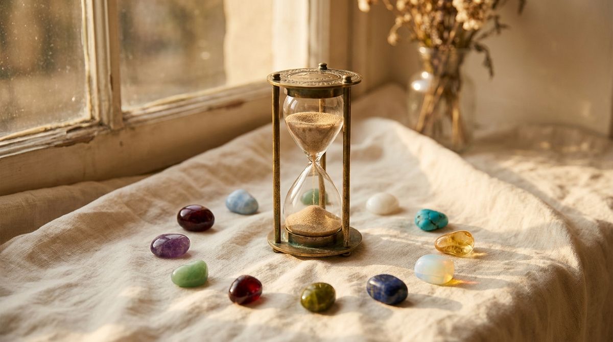 Antique brass hourglass surrounded by a dozen loose polished gemstones in different colors on cream linen in warm window light