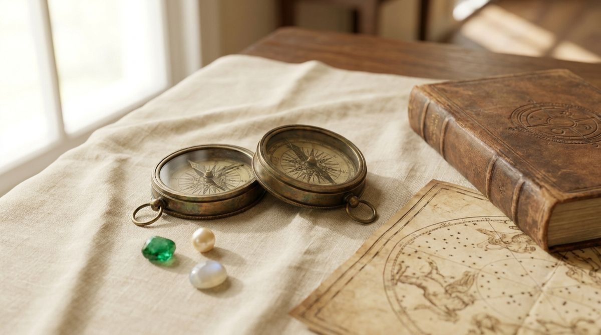Two matching antique brass compasses side by side on natural linen, with a folded star chart, a leather-bound astronomy book, and loose emerald, pearl, and moonstone gems, symbolizing the Gemini twins and its calendar birthstones