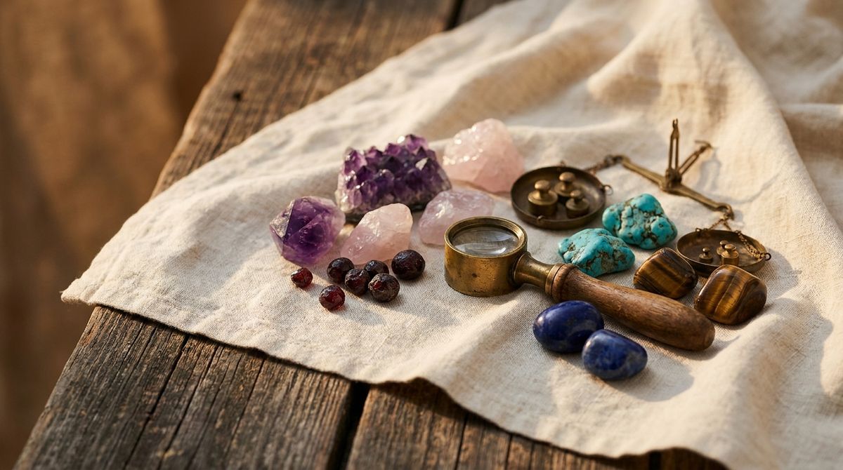 Loose amethyst, rose quartz, garnet, turquoise, lapis lazuli and tiger's eye gemstones with a brass loupe and antique scale on linen