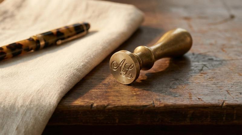 An antique brass wax-seal stamp engraved with a script monogram, beside a vintage fountain pen on folded linen