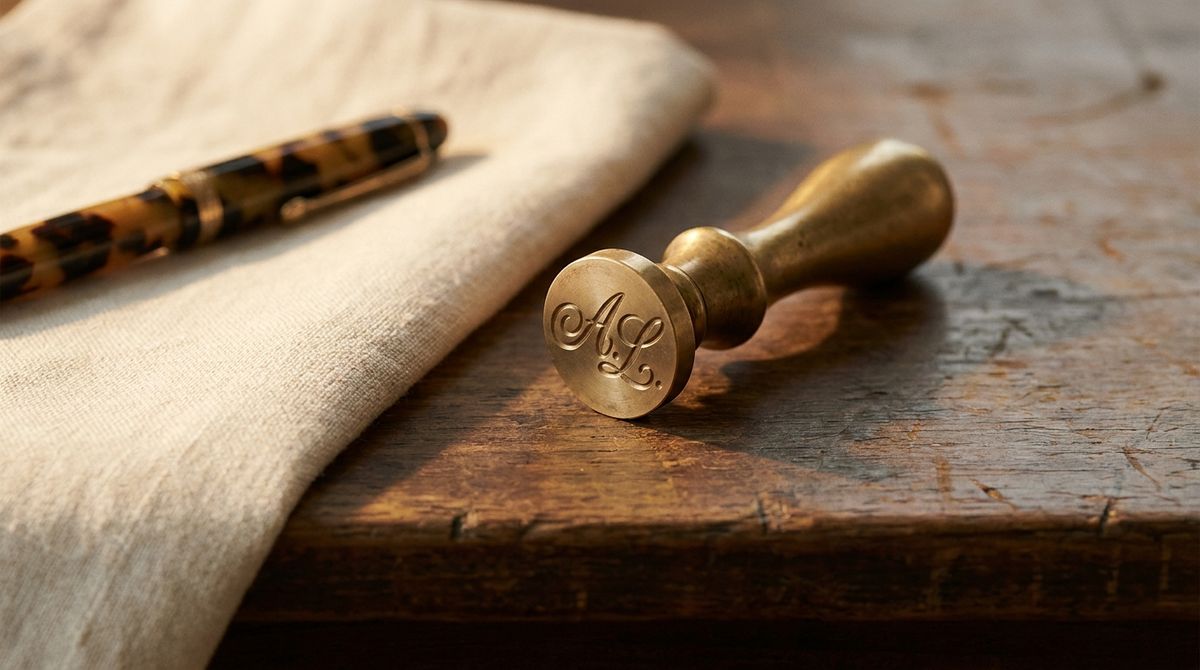 An antique brass wax-seal stamp engraved with a script monogram, beside a vintage fountain pen on folded linen