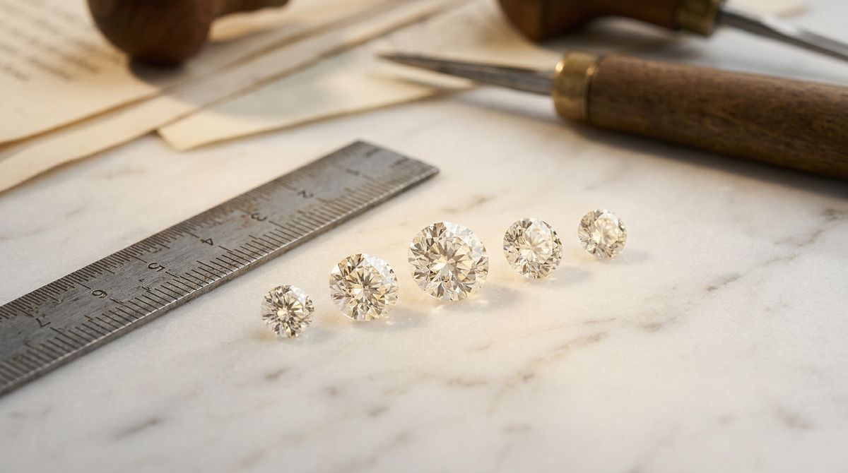 Five loose round brilliant diamonds in graduated sizes next to a ruler, showing how carat weight scales with visible size