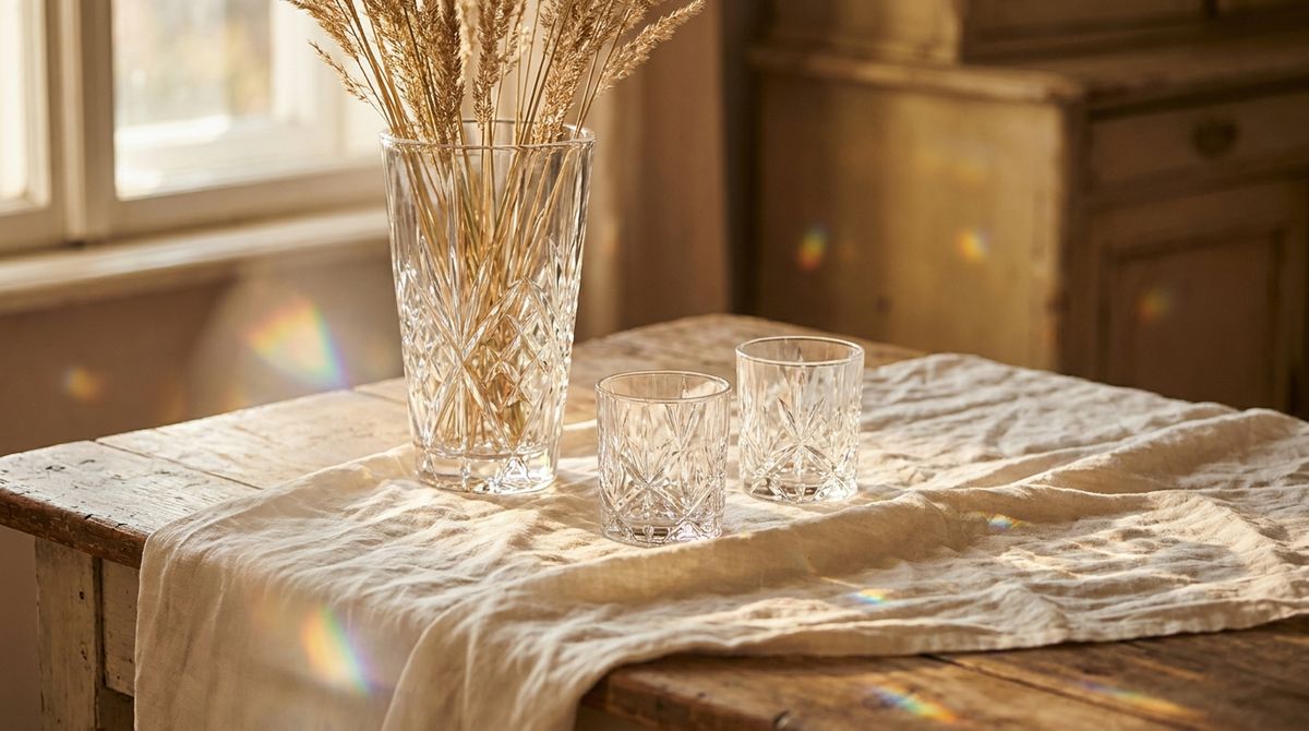 Faceted cut-crystal vase and glasses on linen in warm golden-hour light, editorial still life