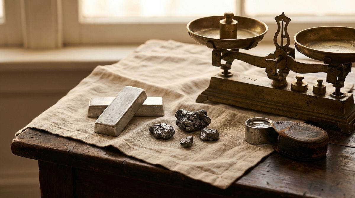 Raw platinum ingot bars and rough platinum nuggets beside an antique brass balance scale and a jeweler's loupe on natural linen atop a dark wood table, editorial still-life cover photograph