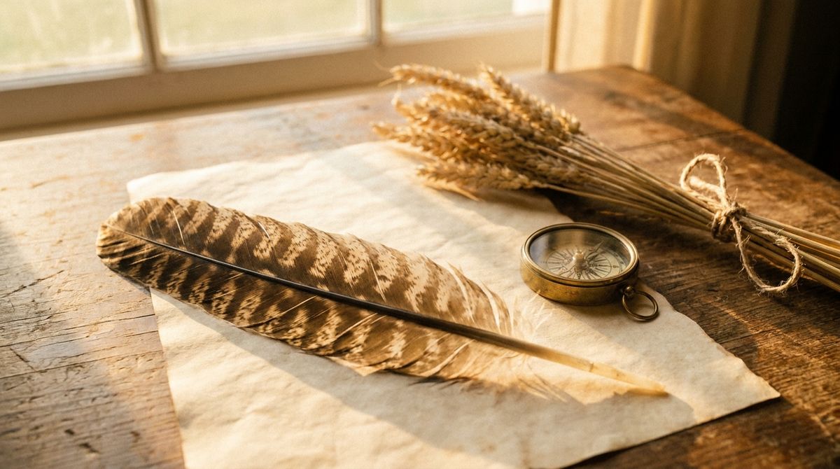 A single mottled brown feather resting on aged parchment beside an antique brass compass and dried wheat stalks, symbolizing feather meaning and symbolism