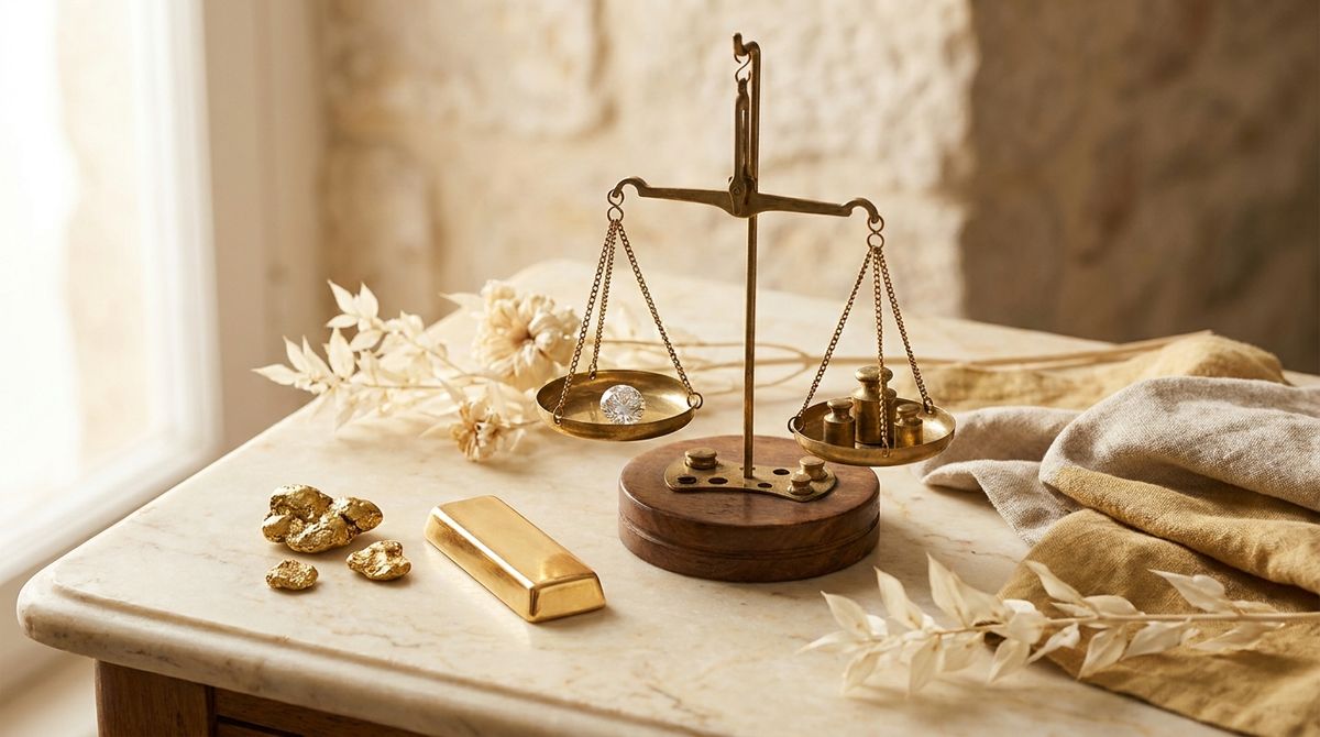 A brass balance scale weighs a loose diamond against tiny calibration weights, beside raw gold nuggets and a gold bar on marble — carat weighs the stone, karat measures the gold's purity