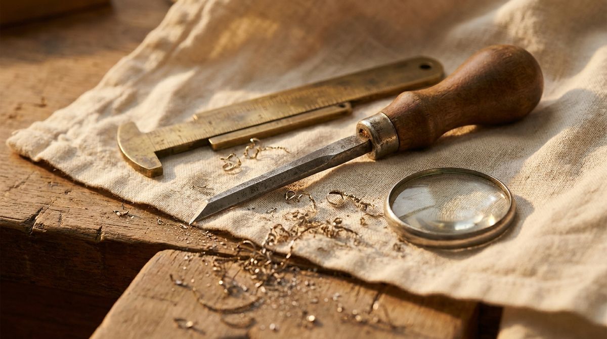 A jeweler's engraving graver, a brass wrist-sizing gauge, and a loupe with loose metal shavings on a linen-covered workbench