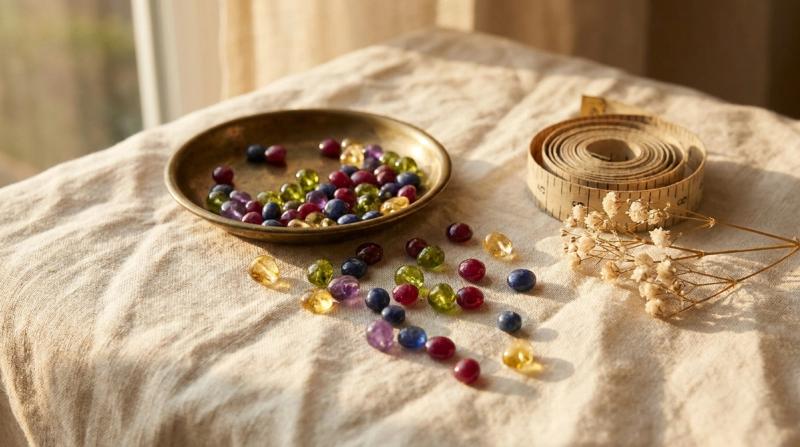 Loose polished birthstone-colored gemstone beads spilling from a small brass dish onto linen beside a coiled cloth measuring tape and dried baby's breath, editorial still-life cover photograph