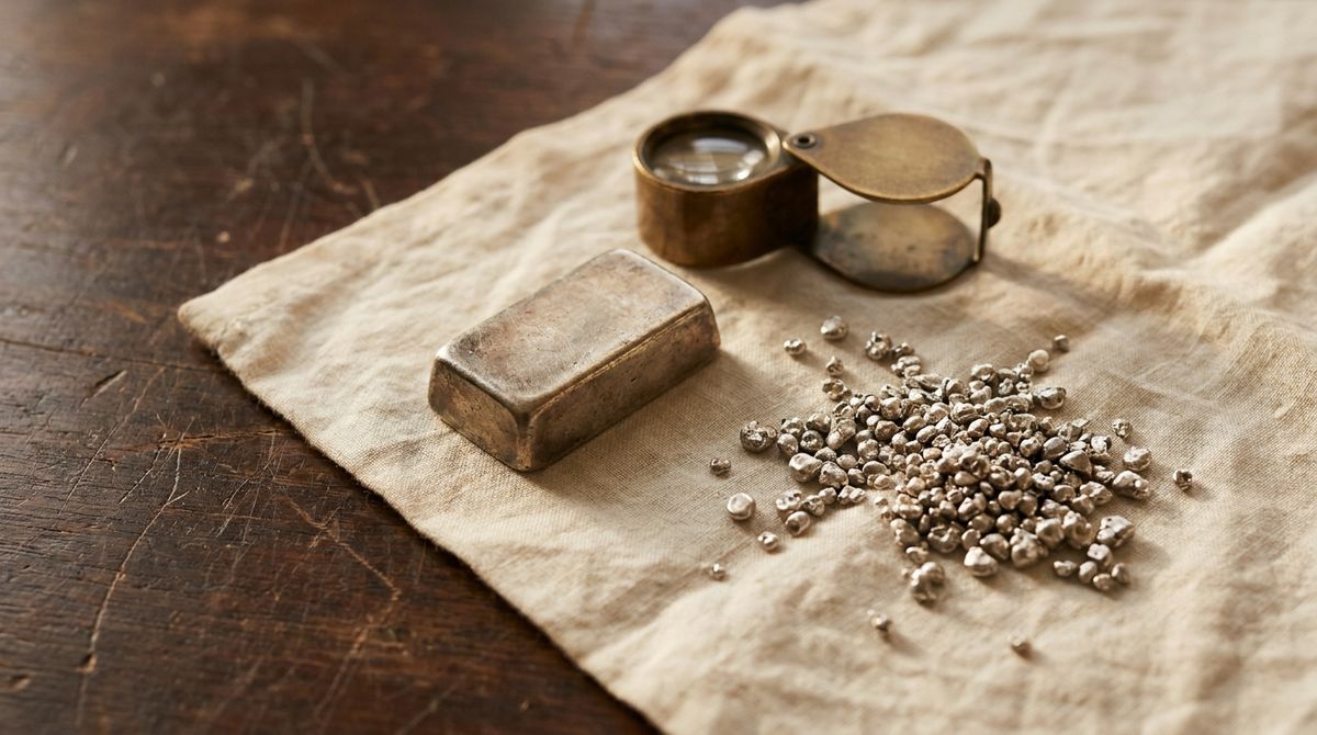 sterling silver ingot, a jeweler's loupe, and loose silver granules on linen