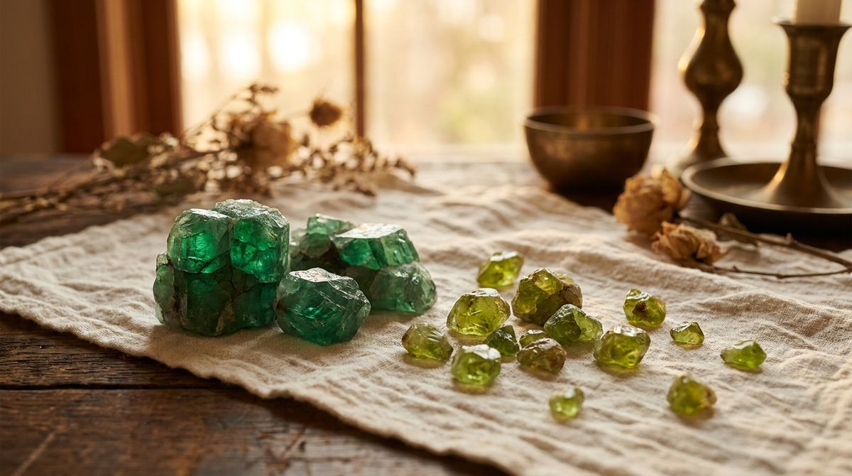 Raw uncut emerald crystals beside raw peridot crystals in contrasting shades of green, arranged on natural linen atop a dark wood table, editorial still-life cover photograph