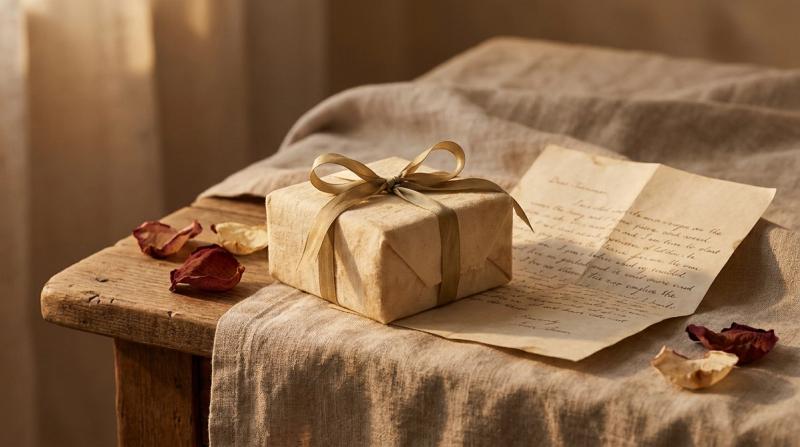 A ribbon-wrapped gift box and a handwritten love letter on linen, scattered dried rose petals, warm golden light