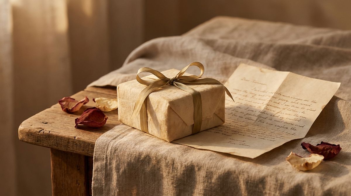 A ribbon-wrapped gift box and a handwritten love letter on linen, scattered dried rose petals, warm golden light