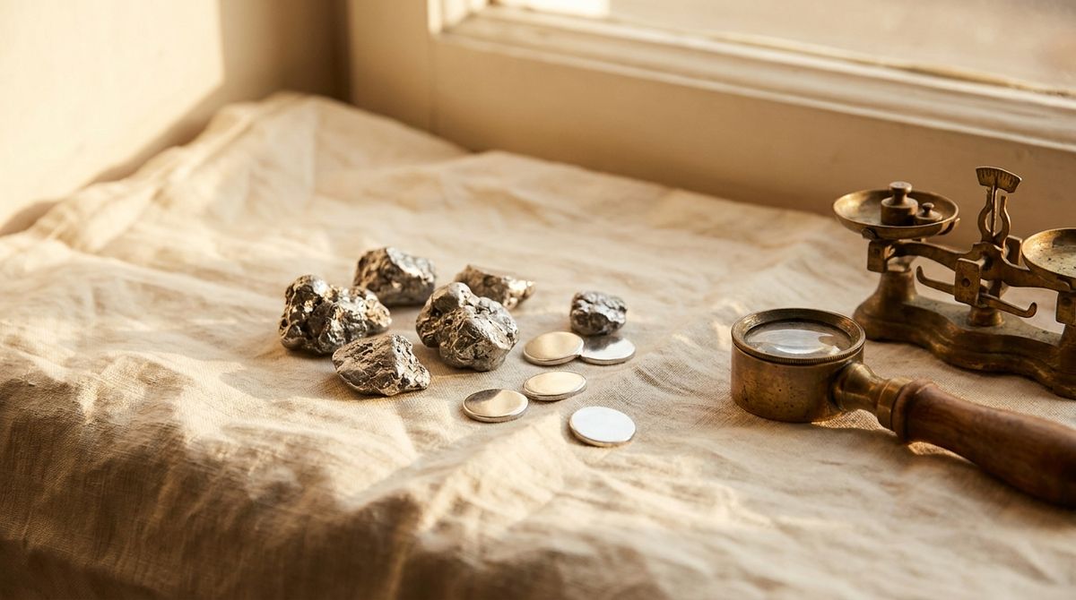Loose raw metal nuggets and polished discs beside a brass loupe and balance scale, representing nickel content and metal purity testing