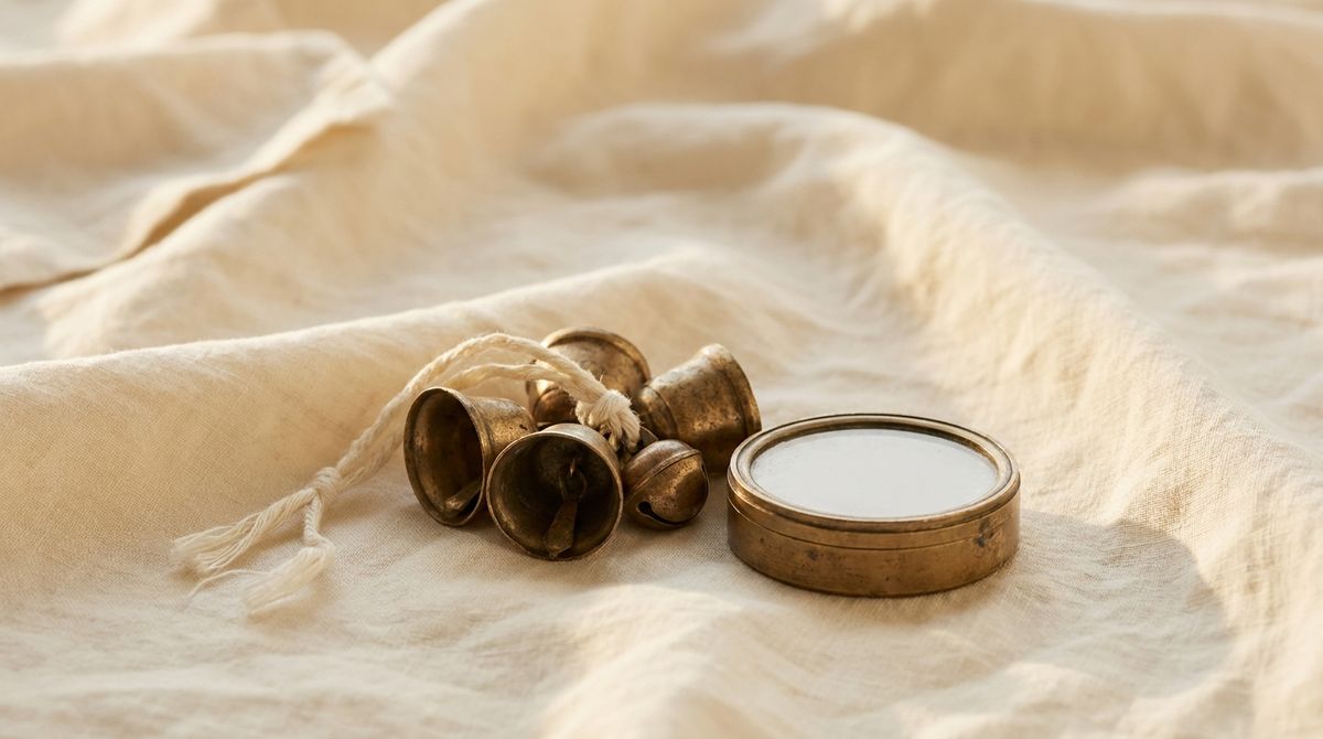 Antique brass bells tied with ivory cord beside a small brass compass on cream linen, evoking an anklet's history and travel across cultures