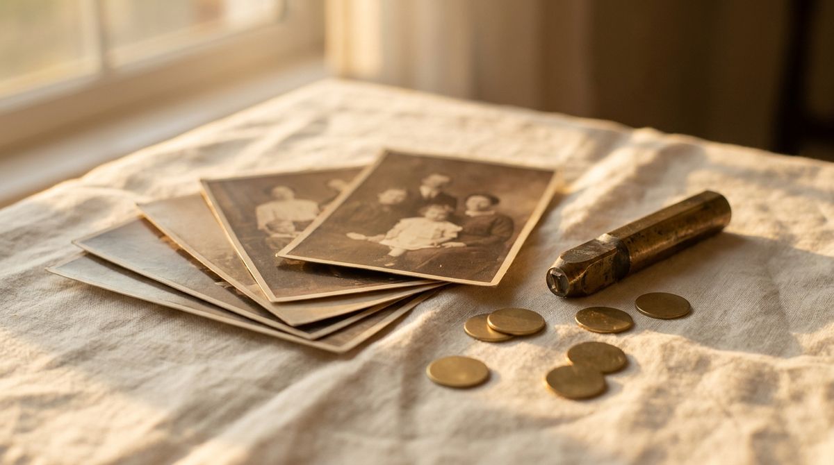 Vintage sepia family photographs, an antique brass letter-stamping tool, and blank brass tags on natural linen in warm golden light