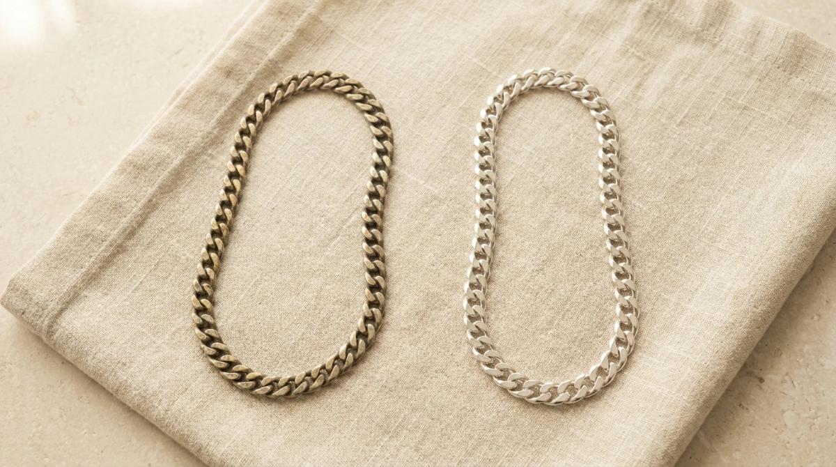 A tarnished silver chain next to a polished, bright silver chain of the same style