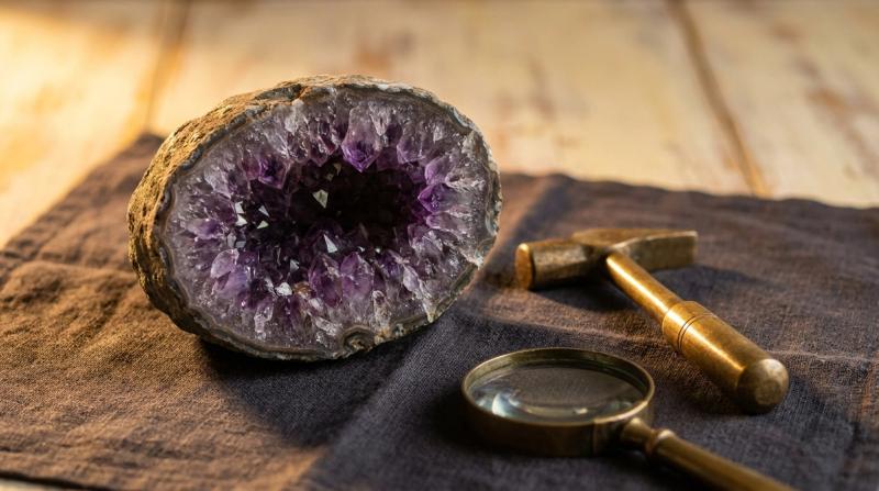 Cross-section of a natural amethyst geode showing deep purple crystal facets lining a hollow rock cavity, beside a brass geologist hammer and hand lens