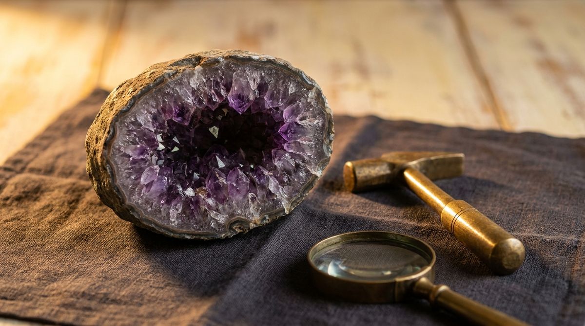Cross-section of a natural amethyst geode showing deep purple crystal facets lining a hollow rock cavity, beside a brass geologist hammer and hand lens