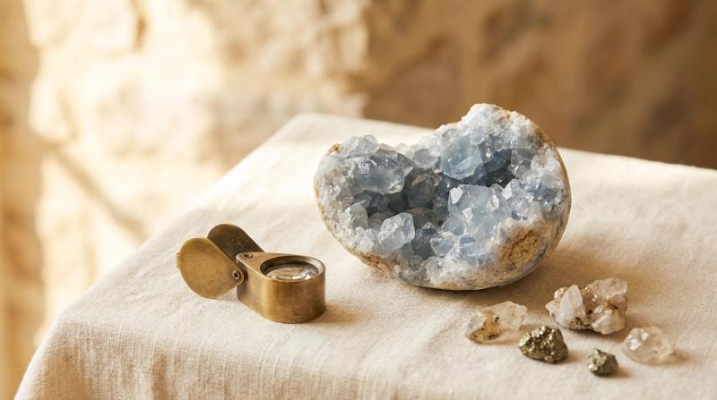 A natural pale blue celestite crystal geode cluster beside a brass geologist's loupe and loose raw mineral fragments on linen, editorial still-life cover photograph