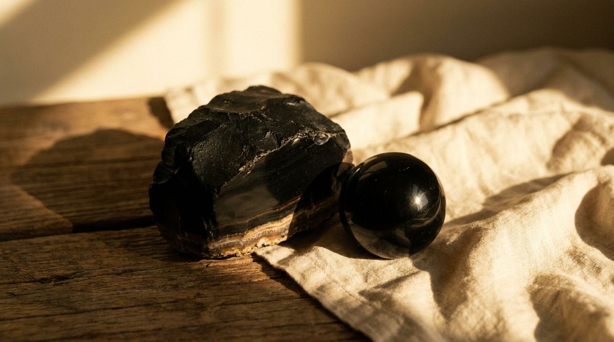 Raw banded onyx stone beside a polished black onyx sphere, styled as an editorial still life