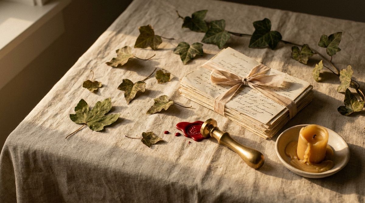 Editorial still-life of dried ivy leaves, tied antique love letters and a wax seal, evoking the heart symbol's origins as an emblem of devotion — FARUZO jewelry symbolism guide