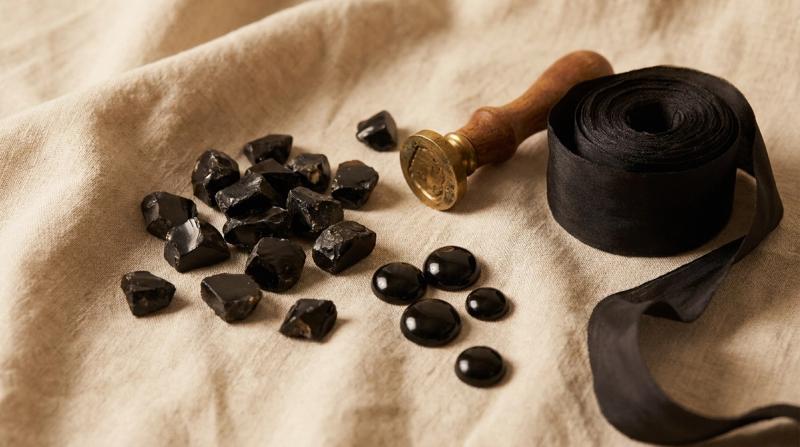Raw black onyx stones and cabochons, an antique brass wax-seal stamp, and a coil of black silk ribbon on linen