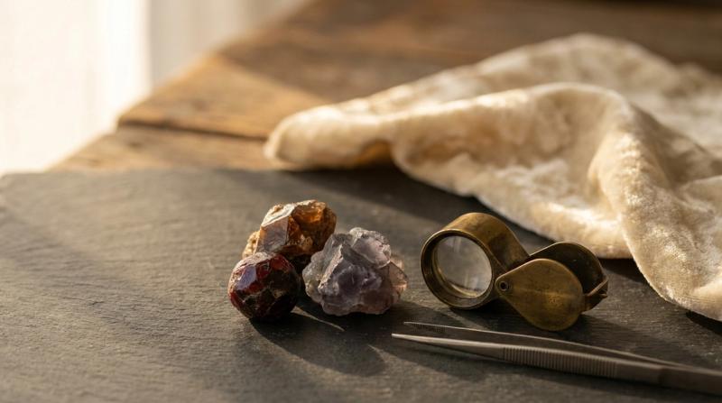 Raw uncut gemstone mineral specimens beside an antique brass jeweler's loupe and tweezers on dark slate