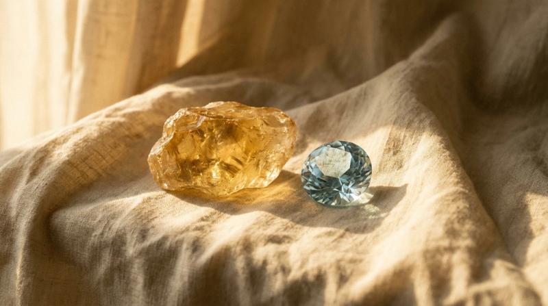 A golden rough topaz crystal and a pale blue faceted topaz gem on linen