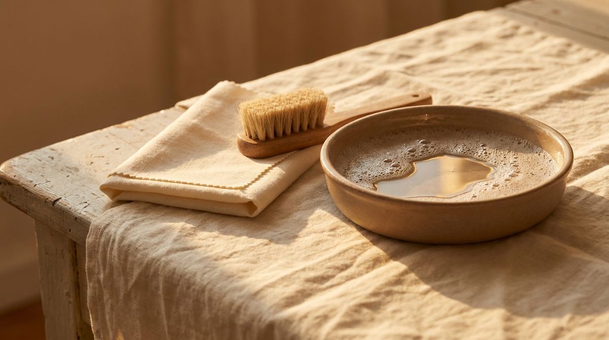Soft polishing cloth, brush and a shallow bowl of soapy water for cleaning a platinum ring