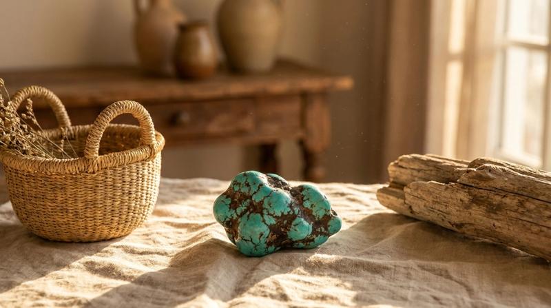 A raw turquoise nodule with dark matrix veining on linen beside a woven basket