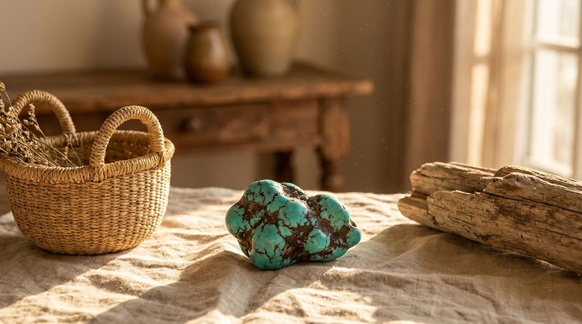 A raw turquoise nodule with dark matrix veining on linen beside a woven basket