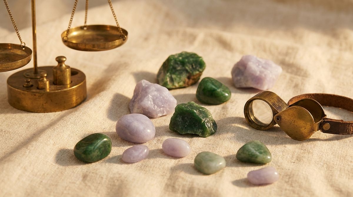 Raw and polished jadeite stones in imperial green and lavender tones on linen beside an antique brass scale and jeweler's loupe, editorial still-life cover photograph