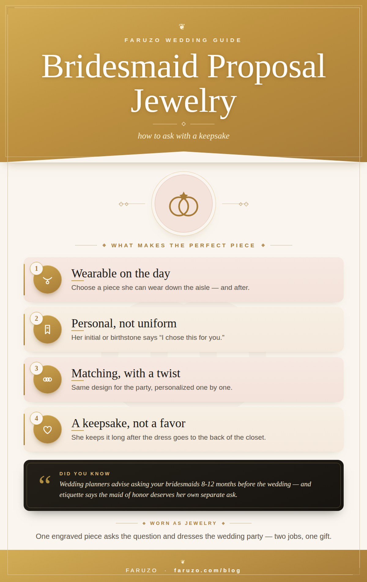 Bridesmaid proposal jewelry infographic: wearable on the day, personal not uniform, matching with a twist, a keepsake not a favor — FARUZO wedding guide