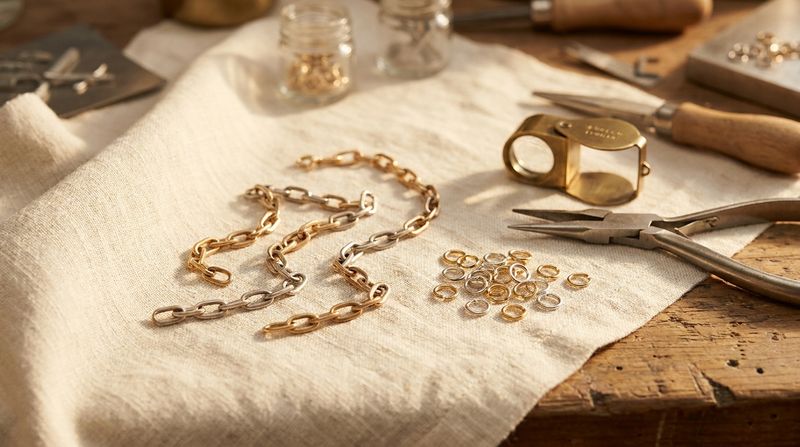 Loose curb and cable chain segments in mixed gold-tone and silver-tone metal, scattered unassembled beside jump rings, a jeweler's loupe and pliers on a linen-draped workbench