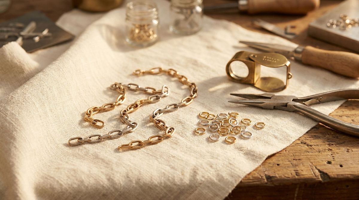 Loose curb and cable chain segments in mixed gold-tone and silver-tone metal, scattered unassembled beside jump rings, a jeweler's loupe and pliers on a linen-draped workbench