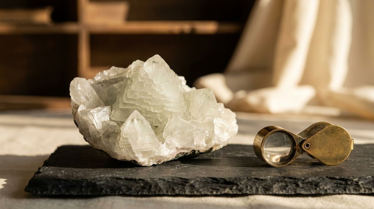 A raw apophyllite crystal cluster with pale translucent pyramidal terminations on a dark stone surface