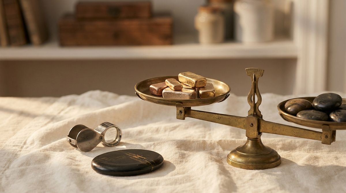 Antique gold ingots and a dark touchstone balanced on a brass scale beside a jeweler's loupe, evoking gold purity testing