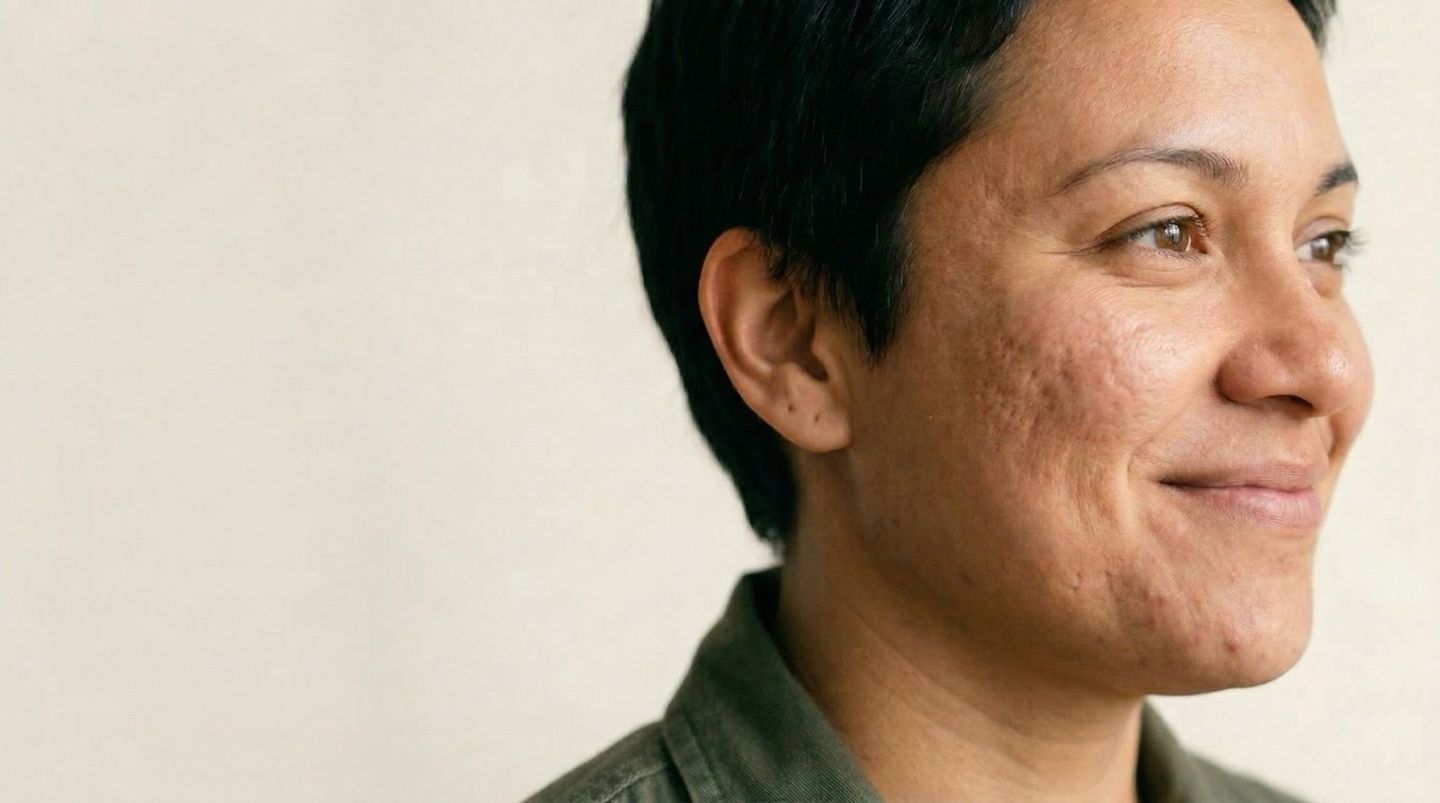 Three-quarter profile with clear skin against warm cream backdrop