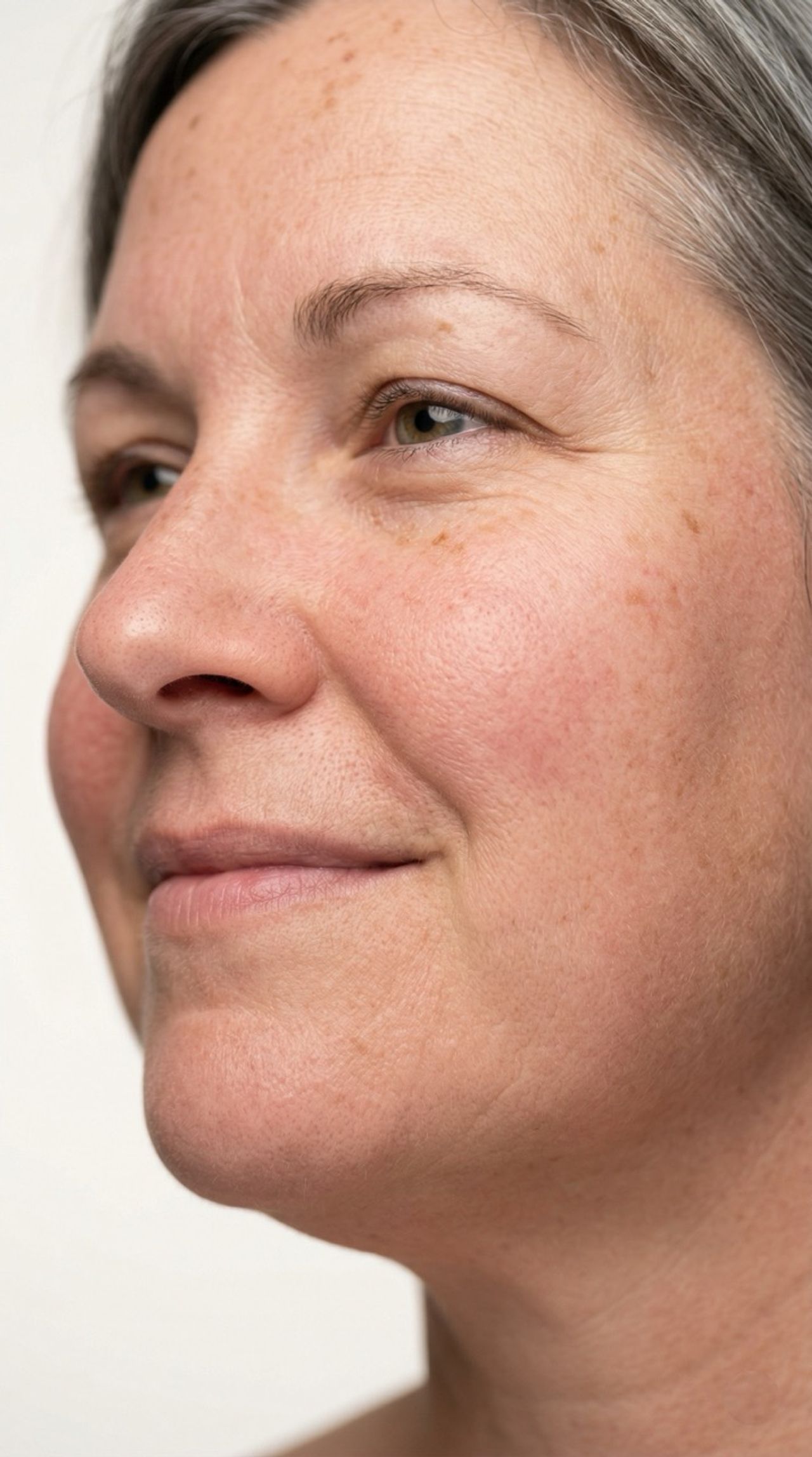 Portrait with natural skin texture and visible sun spots in warm morning light