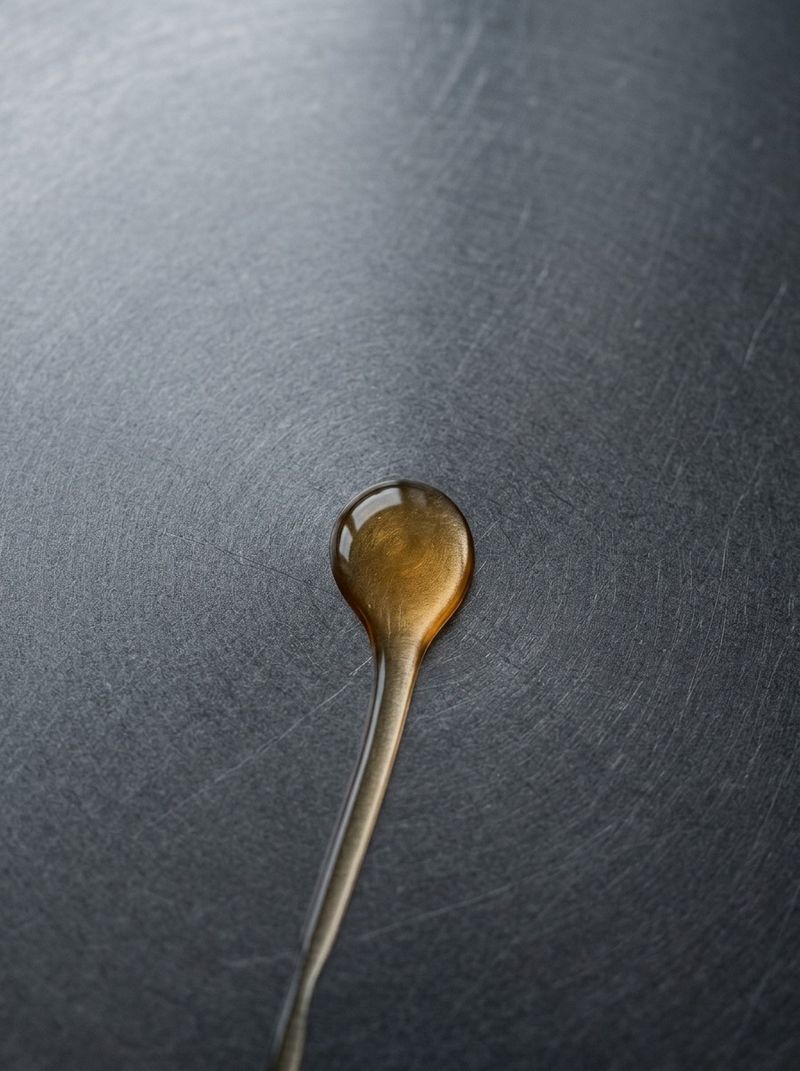 Top-down macro of a warm honey-toned serum drop — actives for sun-driven hyperpigmentation